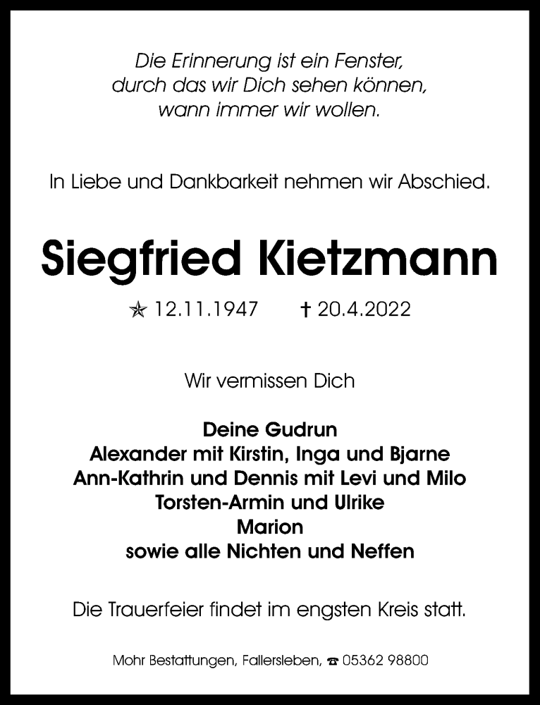  Traueranzeige für Siegfried Kietzmann vom 30.04.2022 aus Aller Zeitung