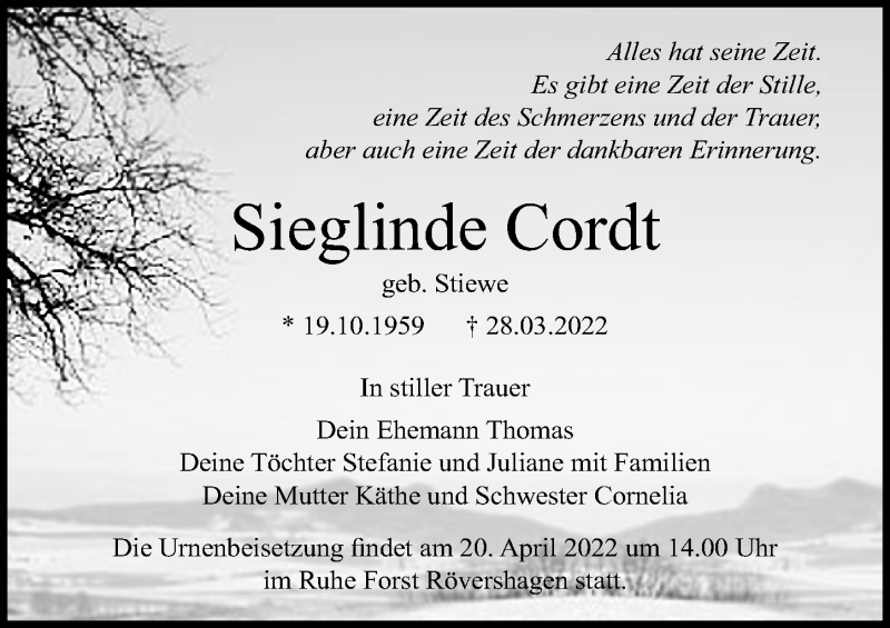  Traueranzeige für Sieglinde Cordt vom 09.04.2022 aus Ostsee-Zeitung GmbH