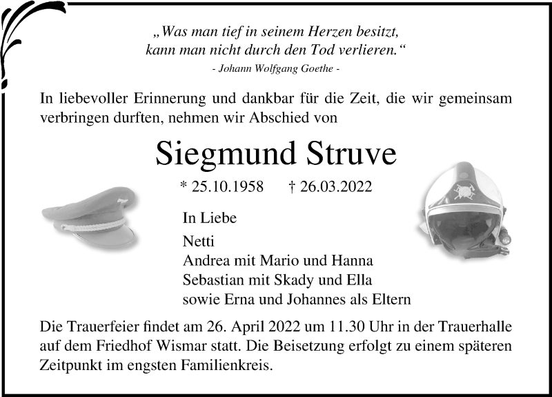  Traueranzeige für Siegmund Struve vom 09.04.2022 aus Ostsee-Zeitung GmbH
