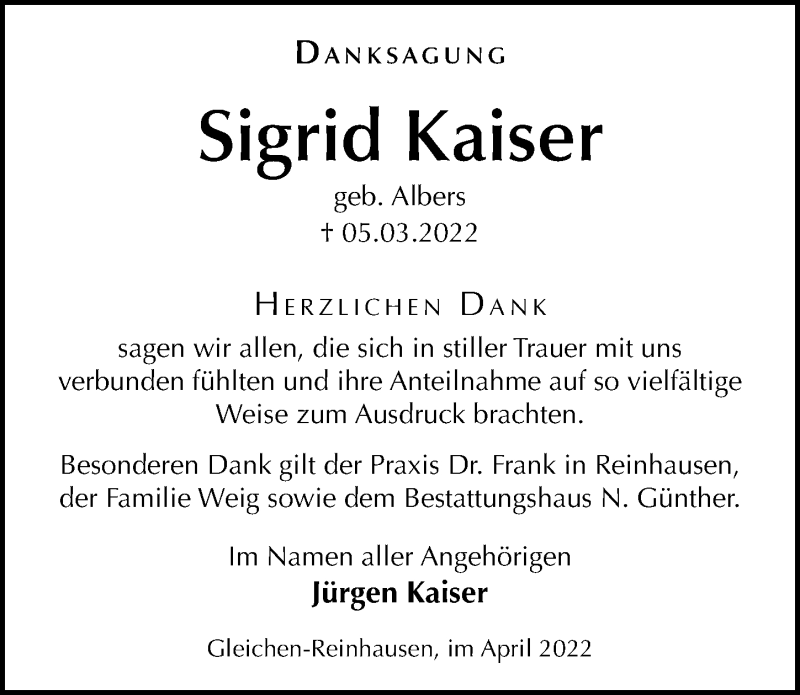  Traueranzeige für Sigrid Kaiser vom 02.04.2022 aus Göttinger Tageblatt