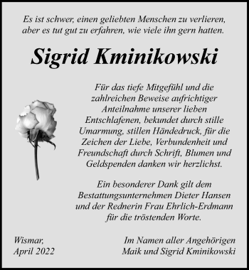 Traueranzeige von Sigrid Kminikowski von Ostsee-Zeitung GmbH