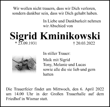 Traueranzeige von Sigrid Kminikowski von Ostsee-Zeitung GmbH