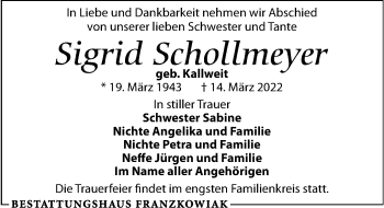 Traueranzeige von Sigrid Schollmeyer von Leipziger Volkszeitung
