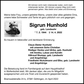 Traueranzeige von Sigrun Hunhold von Göttinger Tageblatt