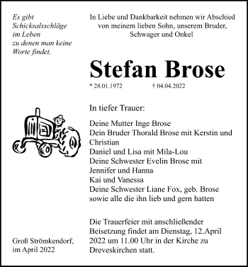 Traueranzeige von Stefan Brose von Ostsee-Zeitung GmbH
