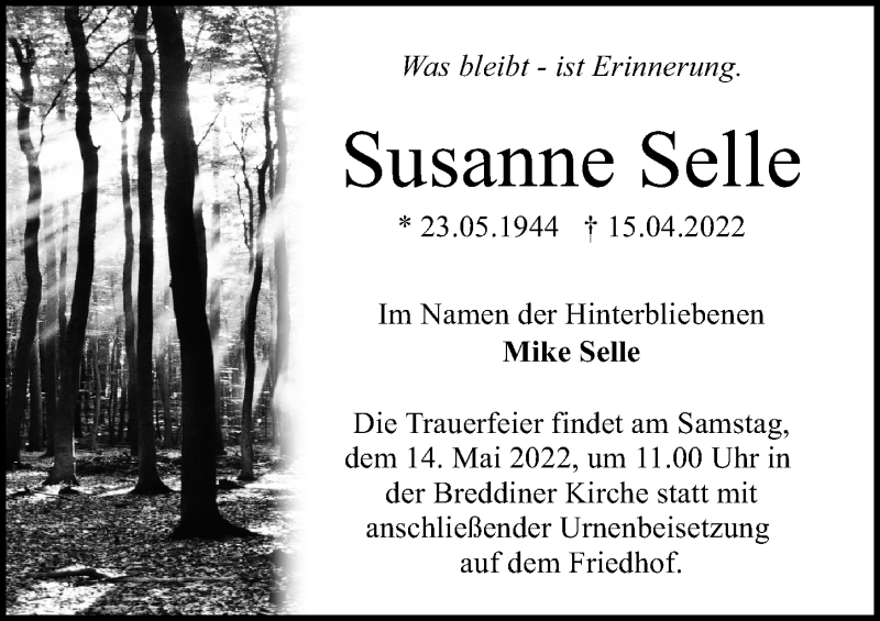  Traueranzeige für Susanne Selle vom 23.04.2022 aus Märkischen Allgemeine Zeitung
