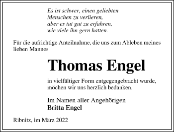 Traueranzeige von Thomas Engel von Ostsee-Zeitung GmbH