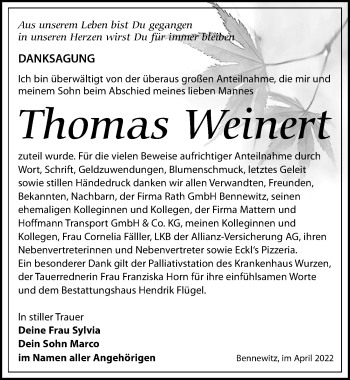 Traueranzeige von Thomas Weinert von Leipziger Volkszeitung