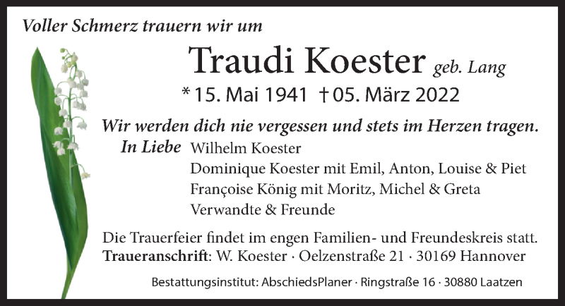 Traueranzeige für Traudi Koester vom 02.04.2022 aus Hannoversche Allgemeine Zeitung/Neue Presse