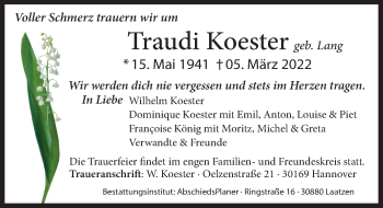 Traueranzeige von Traudi Koester von Hannoversche Allgemeine Zeitung/Neue Presse