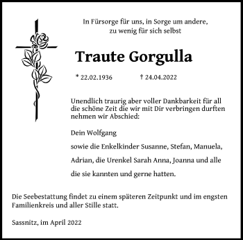 Traueranzeige von Traute Gorgulla von Ostsee-Zeitung GmbH