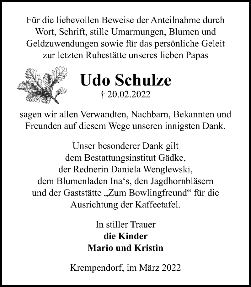  Traueranzeige für Udo Schulze vom 02.04.2022 aus Märkischen Allgemeine Zeitung