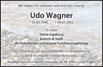 Traueranzeige von Udo Wagner von Hannoversche Allgemeine Zeitung/Neue Presse