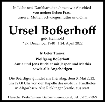 Traueranzeige von Ursel Boßerhoff von Hannoversche Allgemeine Zeitung/Neue Presse