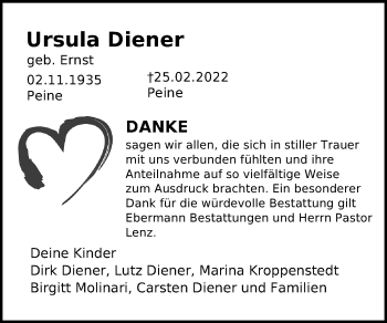 Traueranzeige von Ursula Diener von Peiner Allgemeine Zeitung