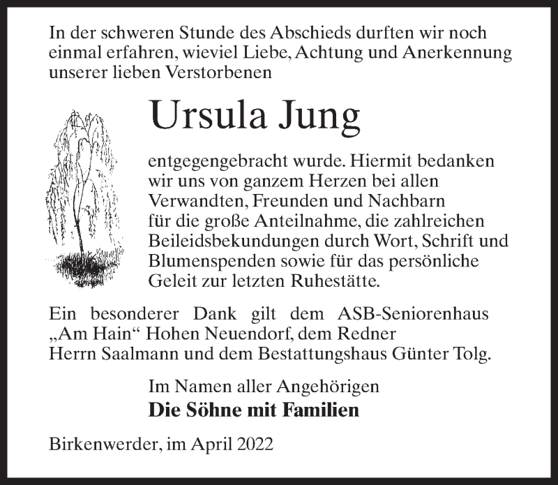  Traueranzeige für Ursula Jung vom 09.04.2022 aus Märkischen Allgemeine Zeitung