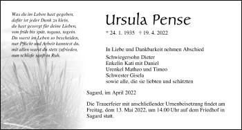 Traueranzeige von Ursula Pense von Ostsee-Zeitung GmbH