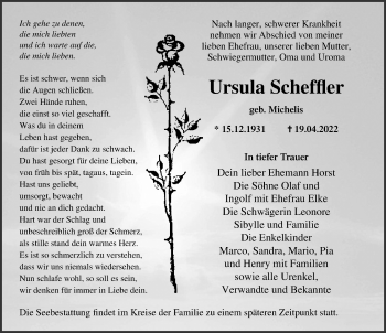 Traueranzeige von Ursula Scheffler von Ostsee-Zeitung GmbH