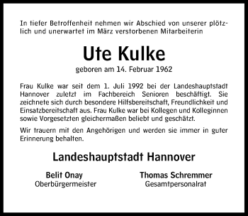 Traueranzeige von Ute Kulke von Hannoversche Allgemeine Zeitung/Neue Presse