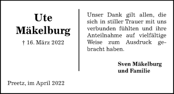 Traueranzeige von Ute Mäkelburg von Kieler Nachrichten