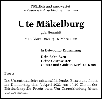 Traueranzeige von Ute Mäkelburg von Kieler Nachrichten