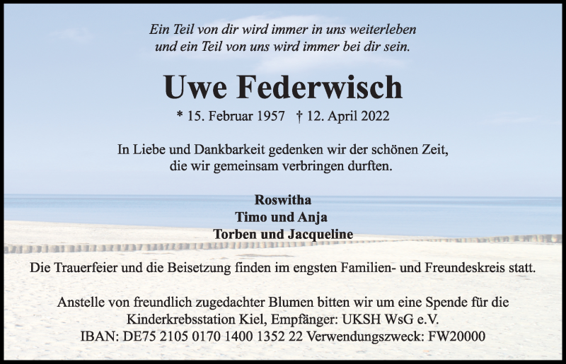  Traueranzeige für Uwe Federwisch vom 23.04.2022 aus Kieler Nachrichten