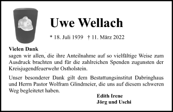 Traueranzeige von Uwe Wellach von Lübecker Nachrichten