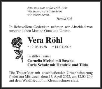 Traueranzeige von Vera Röhl von Märkischen Allgemeine Zeitung