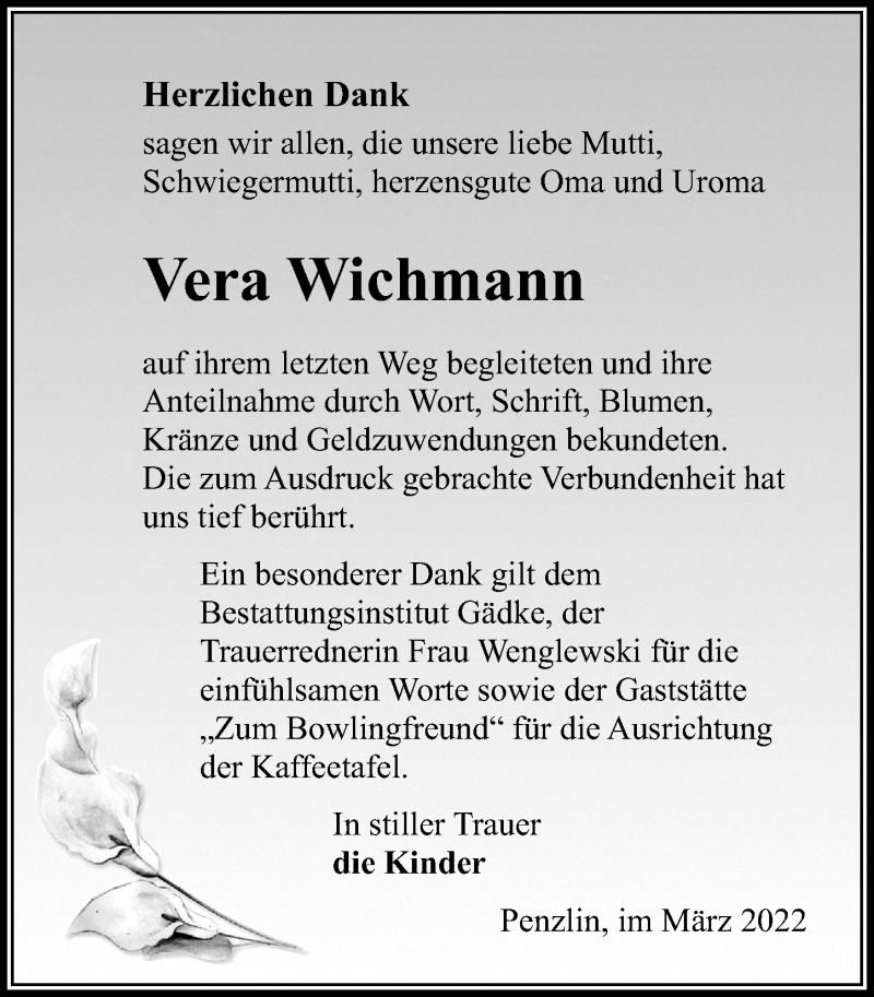  Traueranzeige für Vera Wichmann vom 23.04.2022 aus Märkischen Allgemeine Zeitung