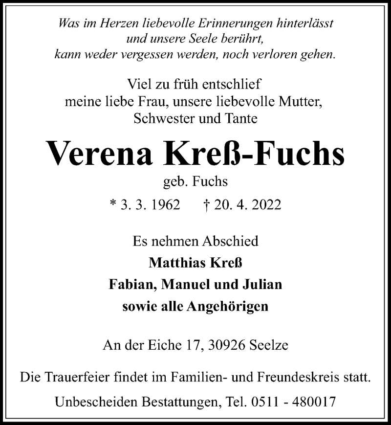  Traueranzeige für Verena Kreß-Fuchs vom 23.04.2022 aus Hannoversche Allgemeine Zeitung/Neue Presse