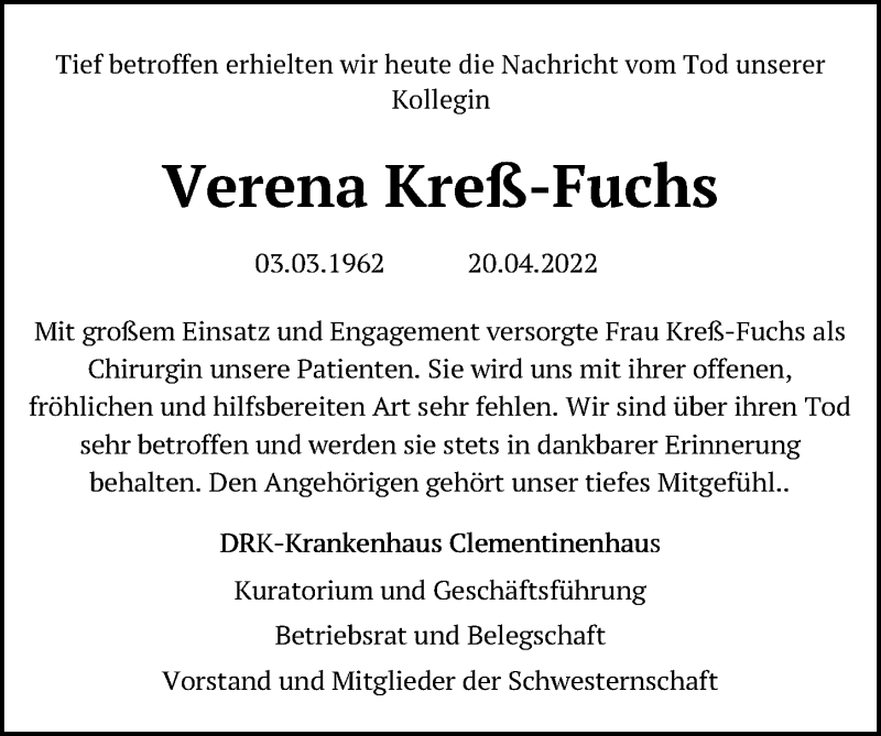  Traueranzeige für Verena Kreß-Fuchs vom 30.04.2022 aus Hannoversche Allgemeine Zeitung/Neue Presse