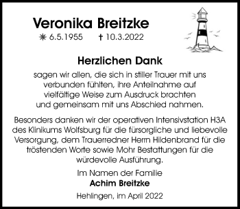 Traueranzeige von Veronika Breitzke von Aller Zeitung