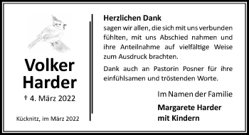 Traueranzeige von Volker Harder von Lübecker Nachrichten