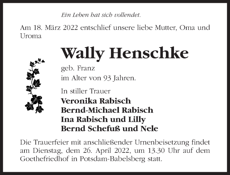  Traueranzeige für Wally Henschke vom 16.04.2022 aus Märkischen Allgemeine Zeitung