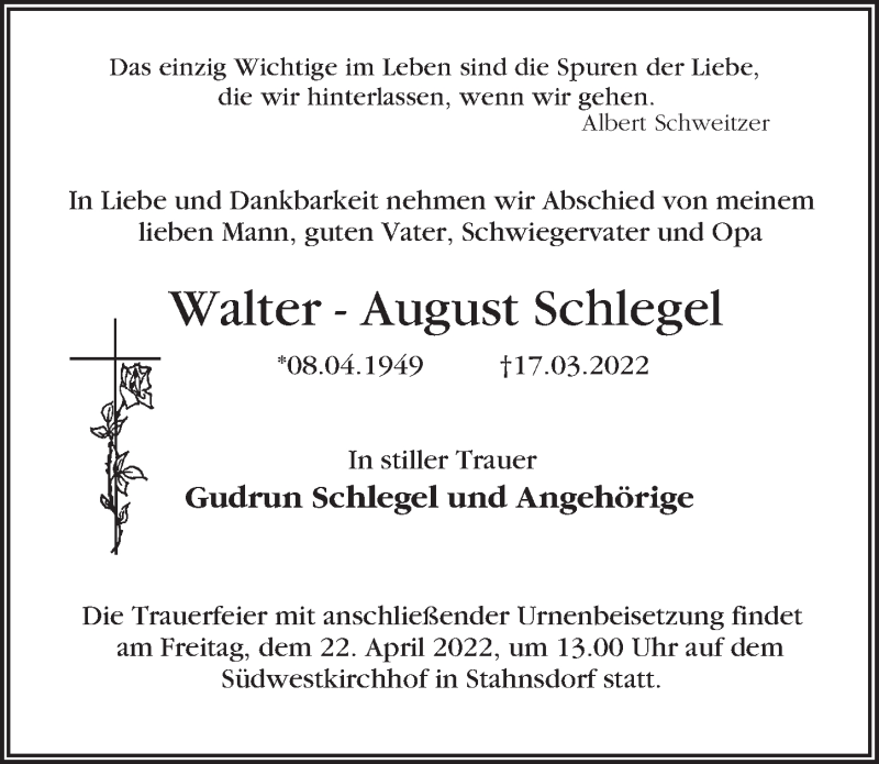  Traueranzeige für Walter-August Schlegel vom 09.04.2022 aus Märkischen Allgemeine Zeitung