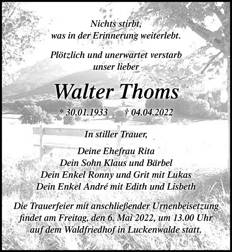  Traueranzeige für Walter Thoms vom 16.04.2022 aus Märkischen Allgemeine Zeitung