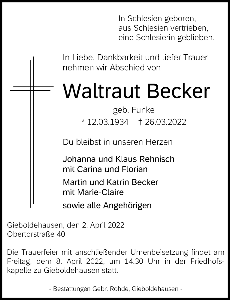  Traueranzeige für Waltraut Becker vom 02.04.2022 aus Eichsfelder Tageblatt