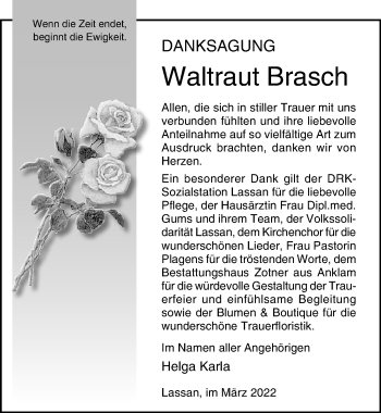 Traueranzeige von Waltraut Brasch von Ostsee-Zeitung GmbH