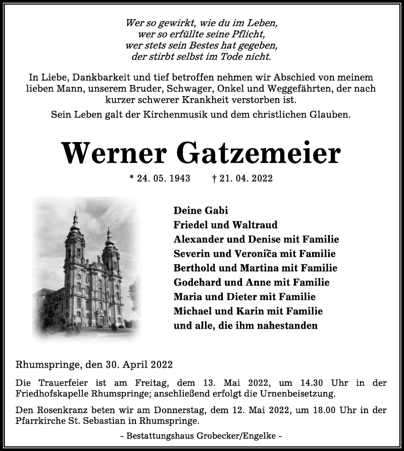  Traueranzeige für Werner Gatzemeier vom 30.04.2022 aus Eichsfelder Tageblatt