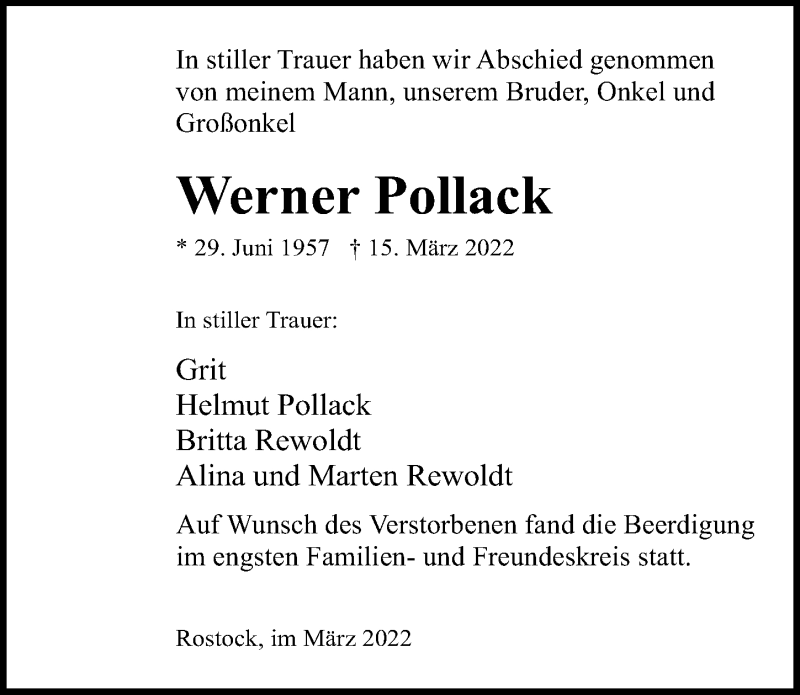  Traueranzeige für Werner Pollack vom 02.04.2022 aus Ostsee-Zeitung GmbH
