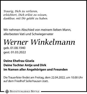 Traueranzeige von Werner Winkelmann von Leipziger Volkszeitung