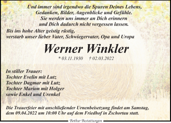 Traueranzeige von Werner Winkler von Leipziger Volkszeitung