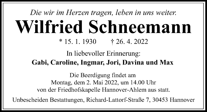  Traueranzeige für Wilfried Schneemann vom 30.04.2022 aus Hannoversche Allgemeine Zeitung/Neue Presse