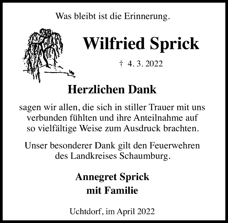  Traueranzeige für Wilfried Sprick vom 09.04.2022 aus Schaumburger Nachrichten