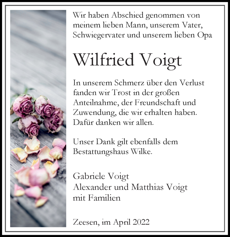  Traueranzeige für Wilfried Voigt vom 16.04.2022 aus Märkischen Allgemeine Zeitung