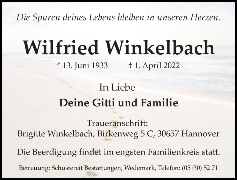  Traueranzeige für Wilfried Winkelbach vom 09.04.2022 aus Hannoversche Allgemeine Zeitung/Neue Presse