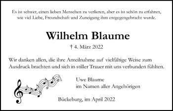 Traueranzeige von Wilhelm Blaume von Schaumburger Nachrichten