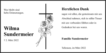 Traueranzeige von Wilma Sundermeier von Schaumburger Nachrichten