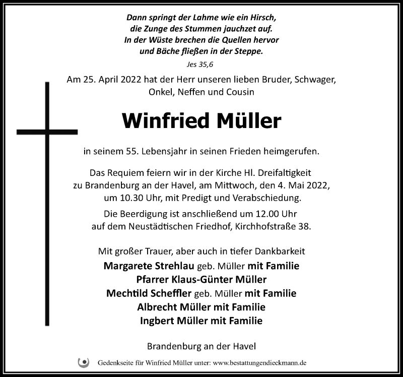  Traueranzeige für Winfried Müller vom 30.04.2022 aus Märkischen Allgemeine Zeitung
