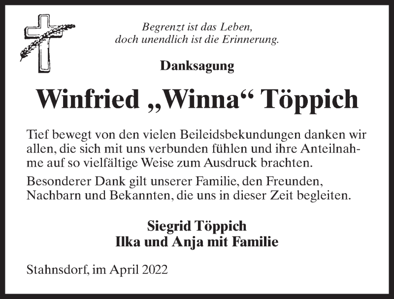  Traueranzeige für Winfried Töppich vom 09.04.2022 aus Märkischen Allgemeine Zeitung
